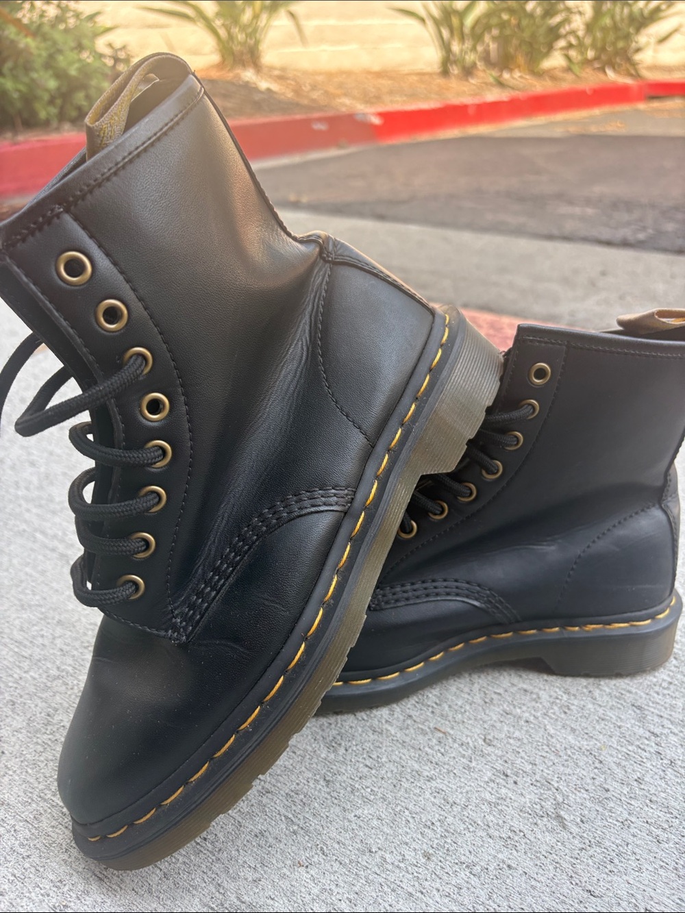 Dr. Martens Black Leather 8-Eye Lace-Up Boots with Yellow Stitching